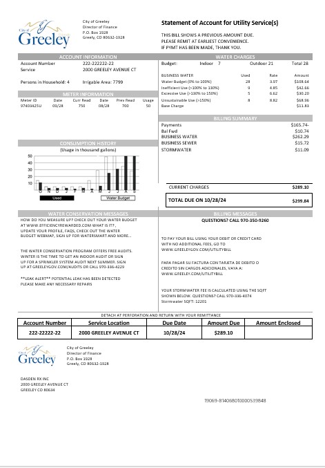 USA Colorado City of Greeley water business utility bill template in Word and PDF formats